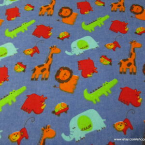 Zoo Animals Blue Flannel Fabric