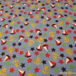 Boats Stars and Anchors on Blue Flannel