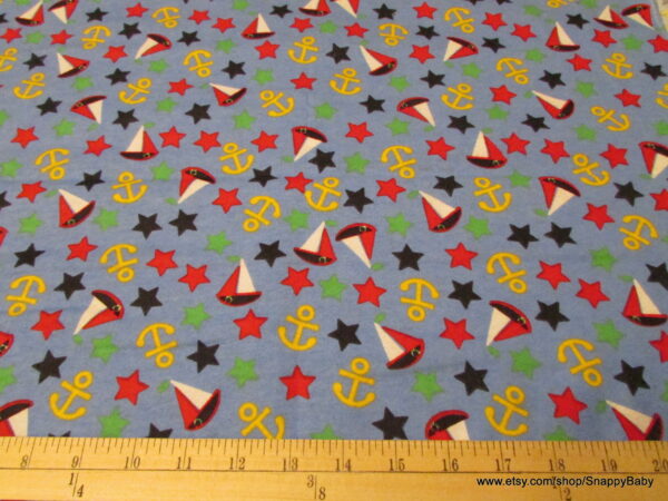 Boats Stars and Anchors on Blue Flannel