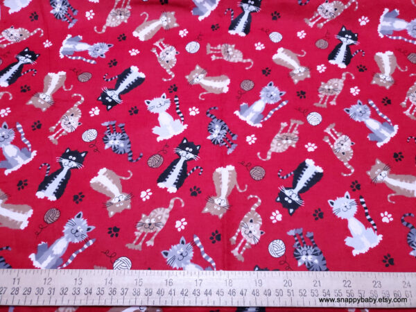 Fuzzy Kitty on Red Flannel Fabric