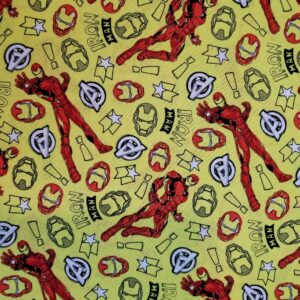 Marvel Doodle Iron Man Avengers On Yellow Cotton Fabric By The Yard