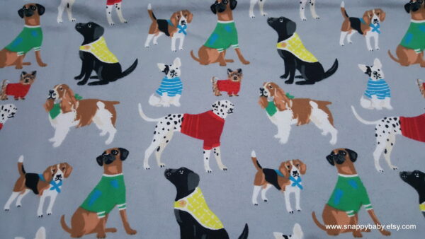Sweater Doggies on Gray Flannel Fabric