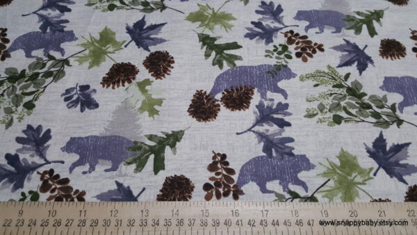 Bear with Leaves on Ivory Flannel Fabric