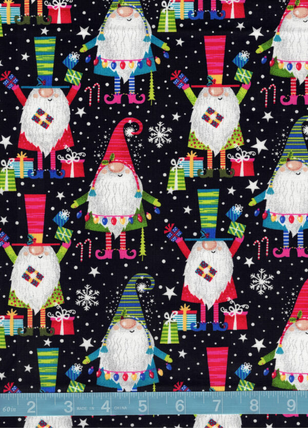 Christmas Gnomes on Black Quilt Cotton Fabric By The Yard
