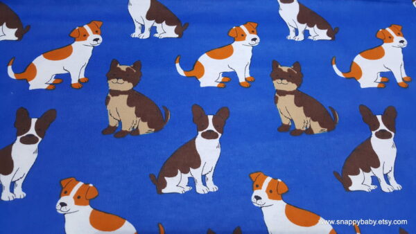 Happy Pup on Blue Flannel Fabric