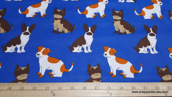 Happy Pup on Blue Flannel Fabric