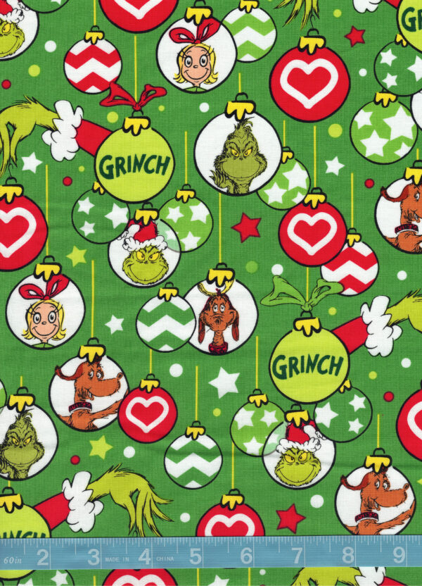 How the Grinch Stole Christmas Ornaments on Green Quilt Cotton Fabric By The Yard