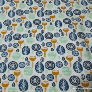 Modern Leaves and Flowers on White Flannel Fabric