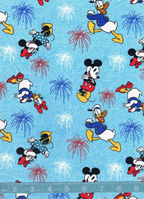 Patriotic Disney Mickey and Friends Fireworks on Blue Quilt Cotton Fabric By The Yard