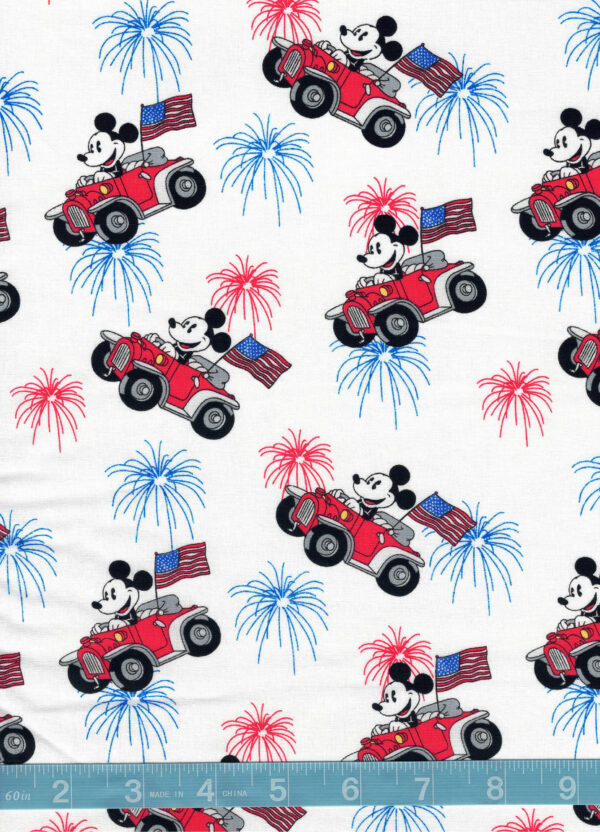 Patriotic Mickey Mouse Red Car Flag Fireworks on White Quilt Cotton Fabric By The Yard