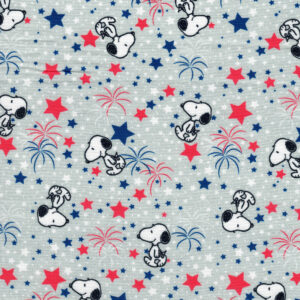 Patriotic Peanuts Snoopy Fireworks Red White Blue on Grey Quilt Cotton Fabric By The Yard