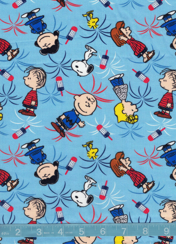 Patriotic Peanuts Snoopy and Friends Fireworks on Blue Quilt Cotton Fabric By The Yard