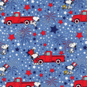 Peanuts Snoopy Woodstock Patriotic Truck Metallic on Blue Quilt Cotton Fabric By The Yard