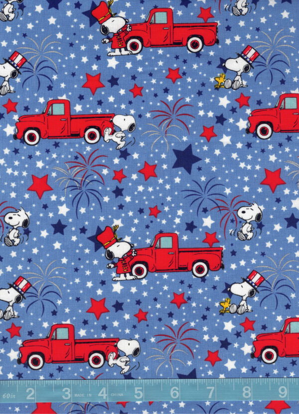 Peanuts Snoopy Woodstock Patriotic Truck Metallic on Blue Quilt Cotton Fabric By The Yard