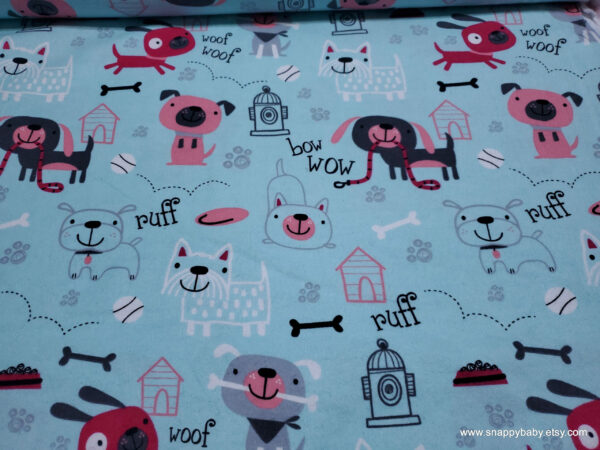 Playful Sketch Pups Aqua Flannel Fabric