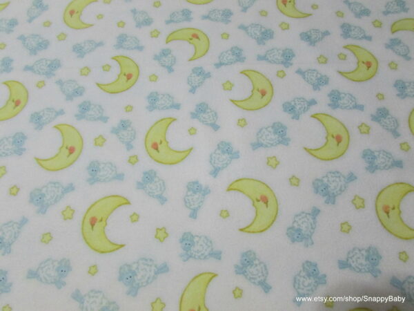 Sheep Over Moon on White Flannel Fabric