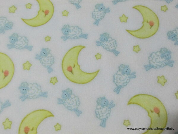 Sheep Over Moon on White Flannel Fabric