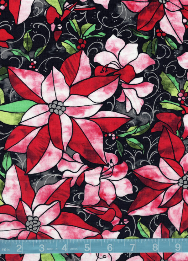 Stained Glass Large Poinsettia Christmas Quilt Cotton Fabric By The Yard