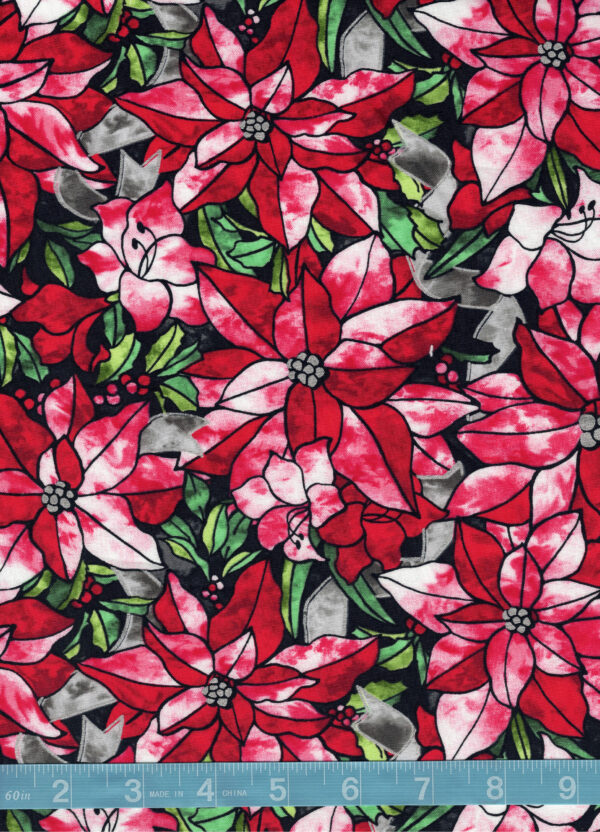 Stained Glass Packed Poinsettia Christmas on Black Quilt Cotton Fabric By The Yard