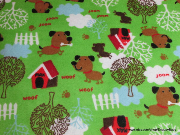 Dog Woof Woof on Green Flannel Fabric