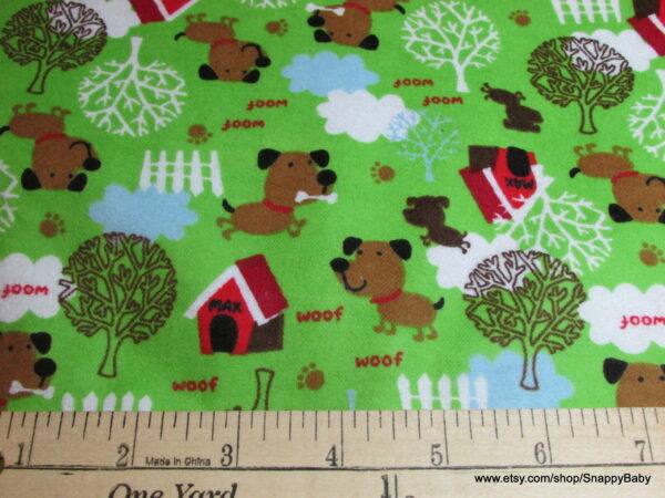 Dog Woof Woof on Green Flannel Fabric