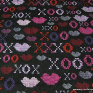 XOXO Hugs and Kisses Cross Stitch on Black Flannel Fabric